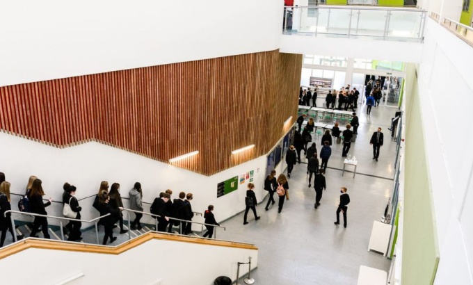 Pupils walking into the canteen at Forge Valley Secondary School